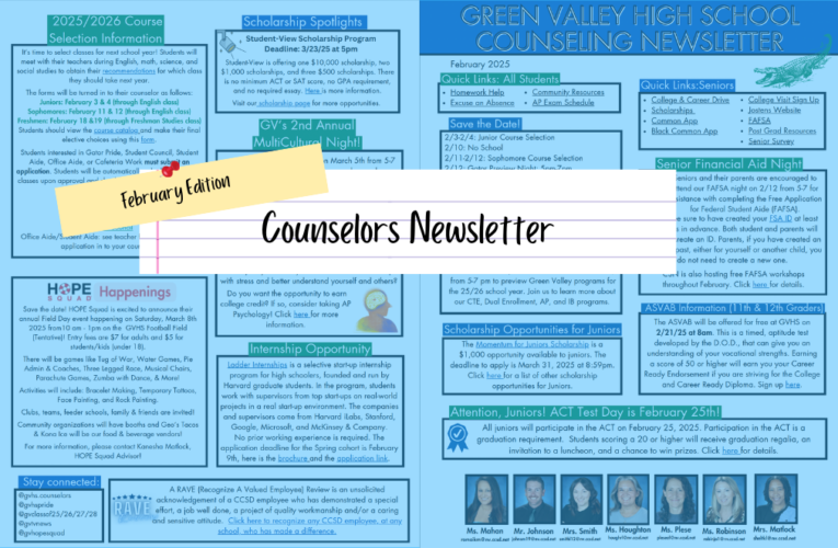 Counselors Newsletter: February Edition